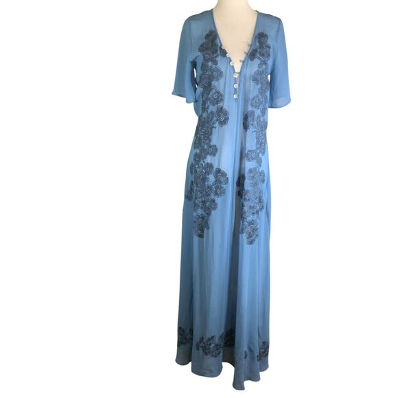 For Love & Lemons Blue Embroidered Floral Maxi Dress Sheer Sleeves Size S